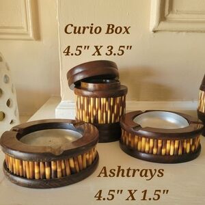 RARE! Porcupine Quills Set In Olive Wood Mugs, Trinket Box & 2 Ashtrays